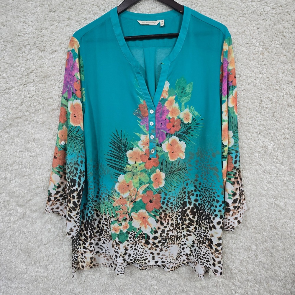 Soft Surroundings Tunic Women 2X Teal Floral Leopard Print Roll Tab Boho Top